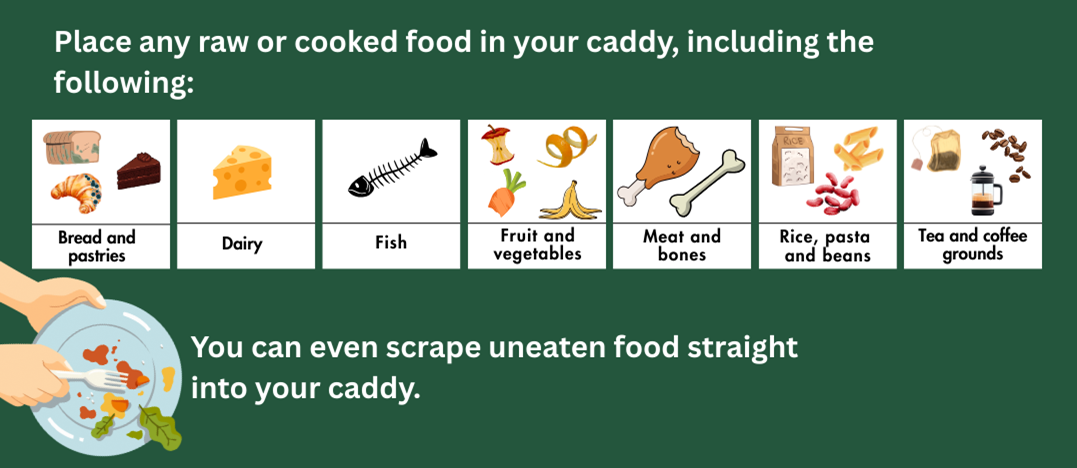 Place any raw or cooked food in your caddy, including the following: bread and pastries; dairy; fish; fruit and vegetables; meat and bones; rice, pasta and beans; and tea and coffee grounds. You can even scrape uneaten food straight into your caddy.